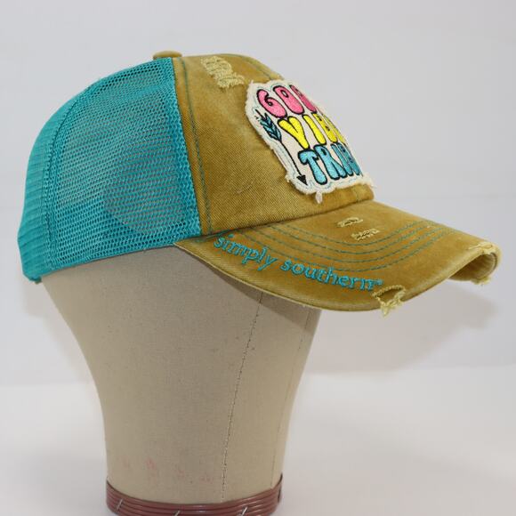 Simply Southern Good Vibe Tribe Distressed Trucker Hat Aqua Ponytail - Picture 4 of 5